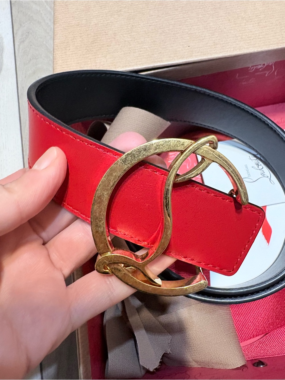 Christian Louboutin Red Leather Belt with Gold Double Ring Buckle